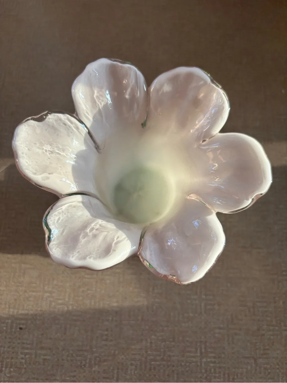 White Glass Flower Votive with Green Leaf Base - Home Accents